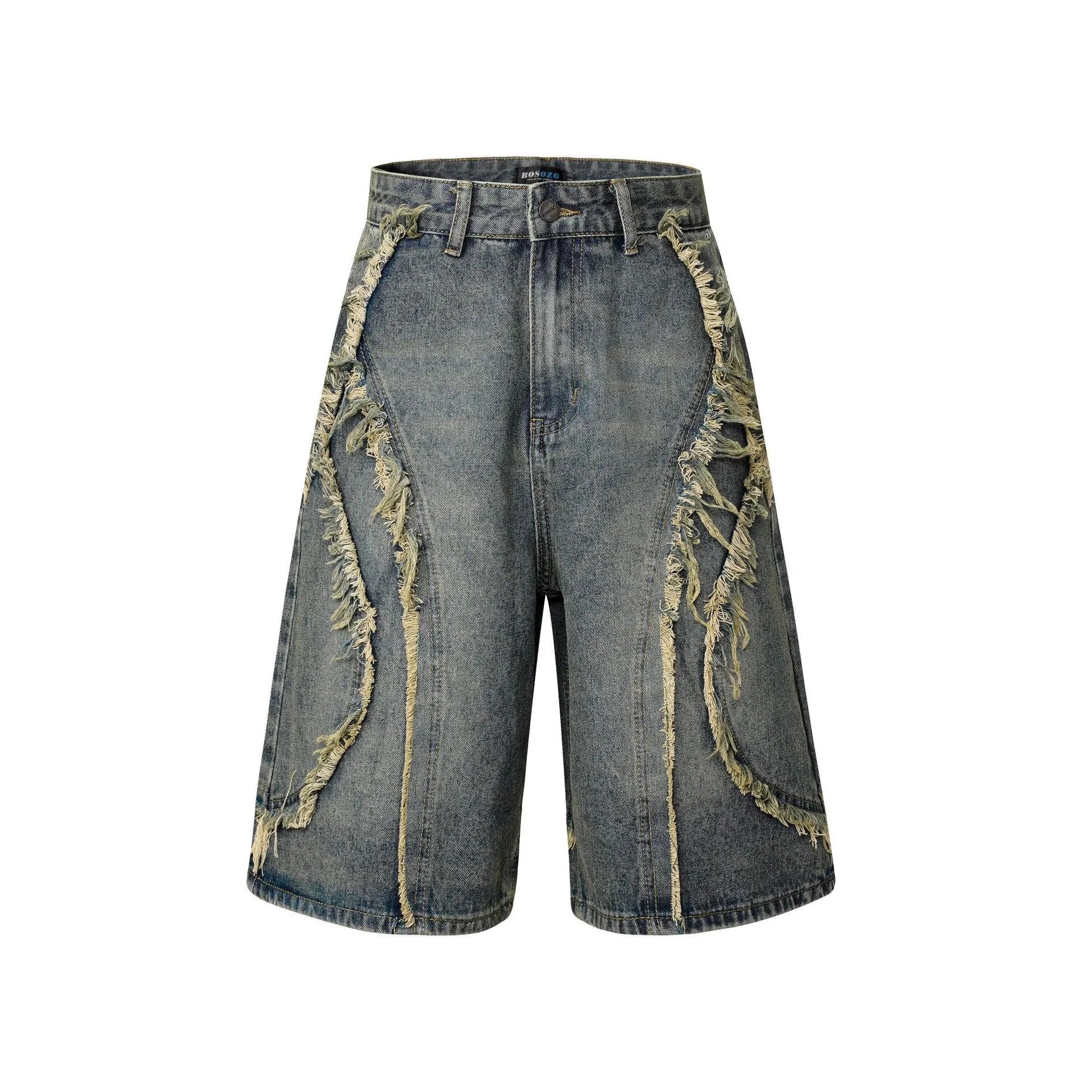 Straight cut denim shorts with distressed raw edge detailing in black, dark blue, and light blue colours