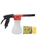 A grey foam pot high pressure water gun for garden use on a wooden surface.