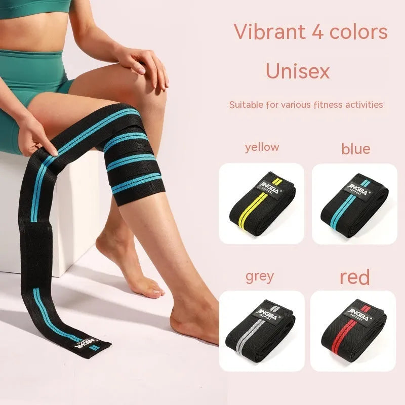 Adjustable adult knee pads for sports in blue, grey, red, and yellow colours.