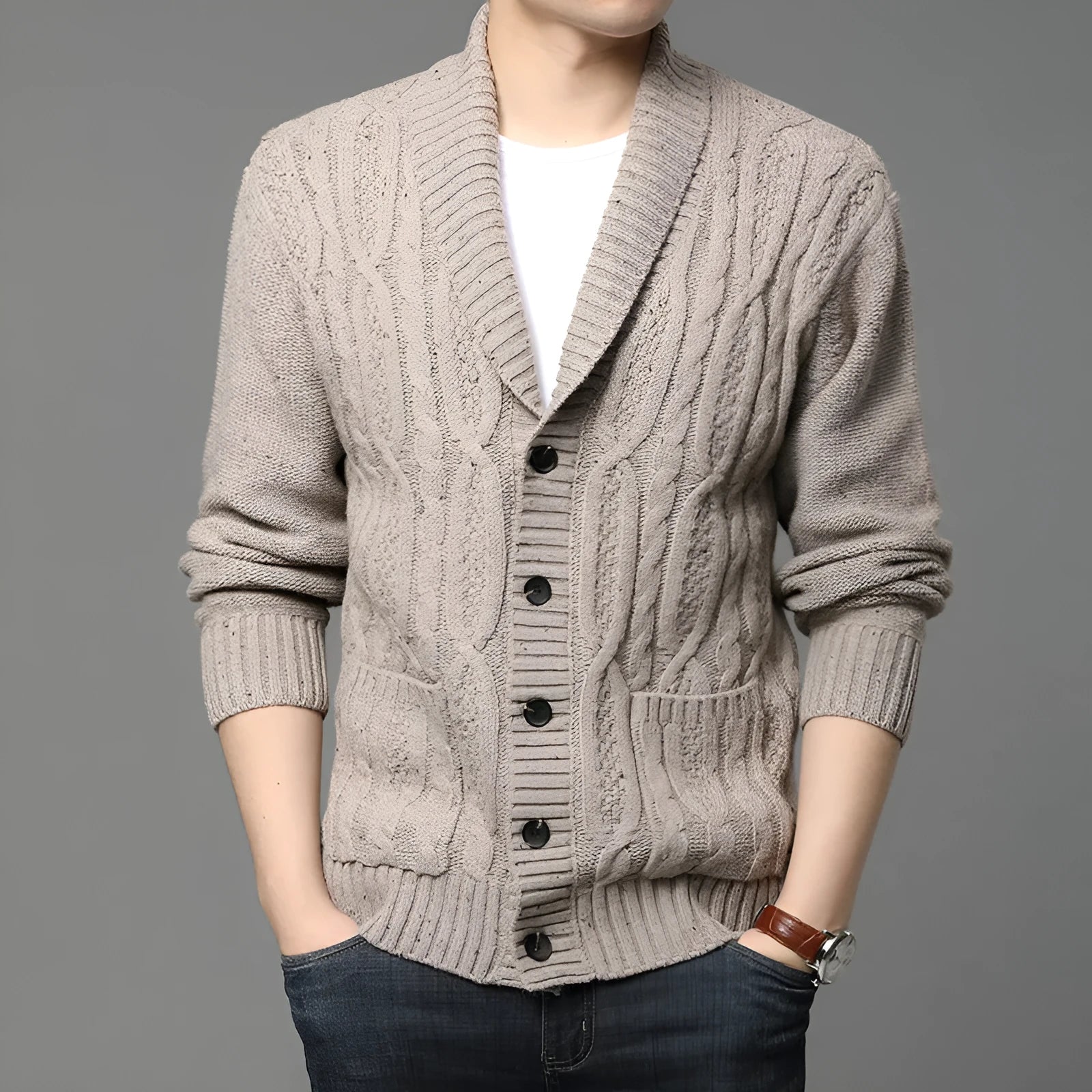 Korean style jacquard pattern knitted cardigan for men in straight cut with button front