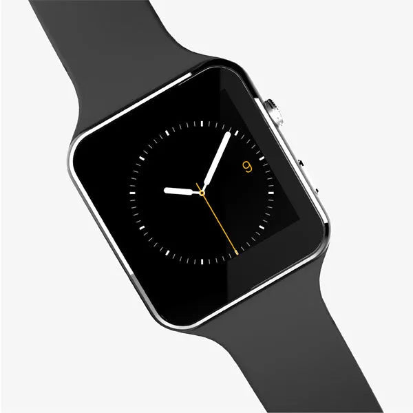 Black smart watch with 1.54 inch touch screen and silicone strap on a wrist.