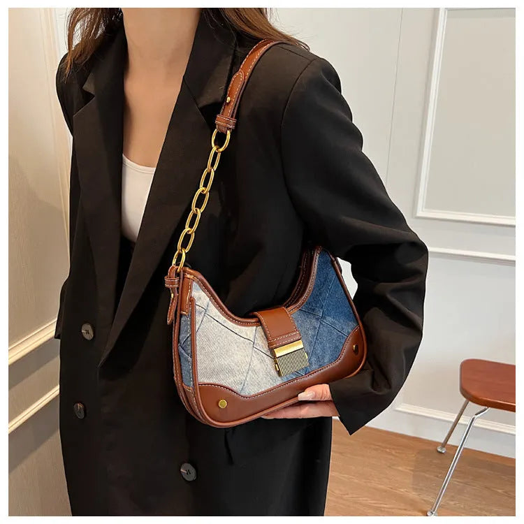 Brown denim women's shoulder bag with diamond mesh detailing and chain accents