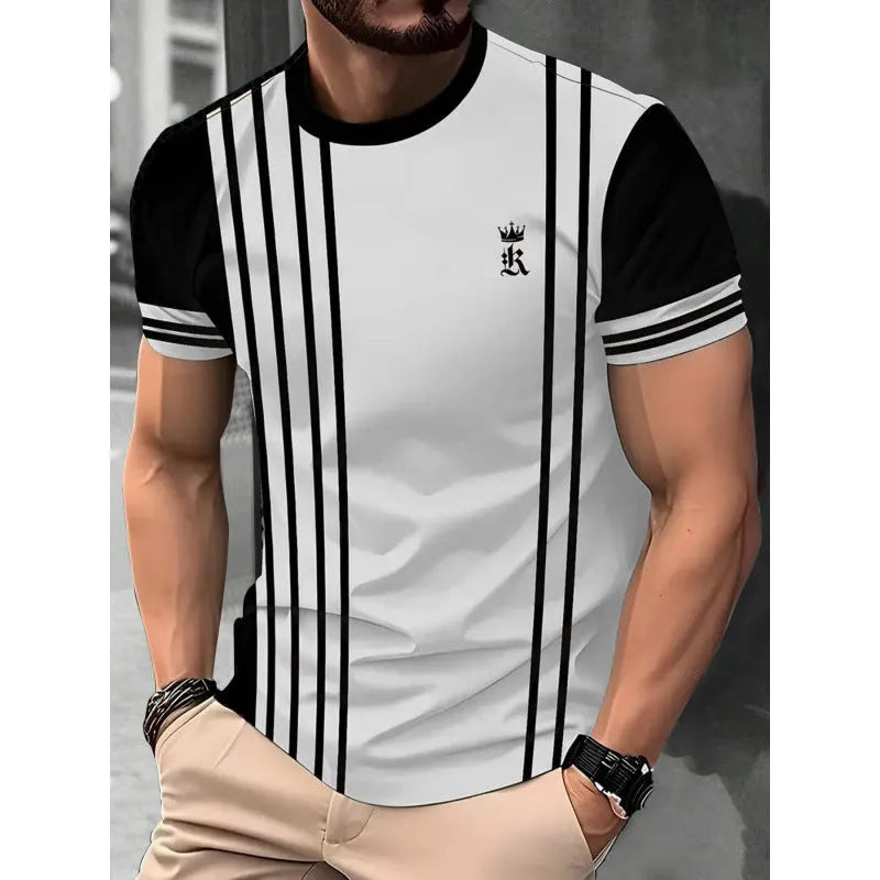 Man wearing a loose fit short-sleeved t-shirt with a digital 3D printed striped pattern.