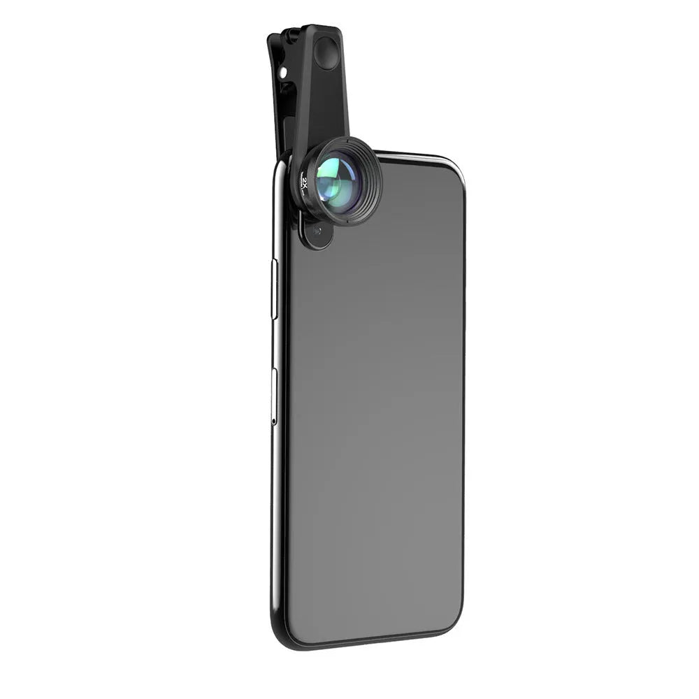 Black 6-in-1 smartphone camera lens kit with universal clip attachment showing fisheye, macro, wide-angle and telephoto lenses