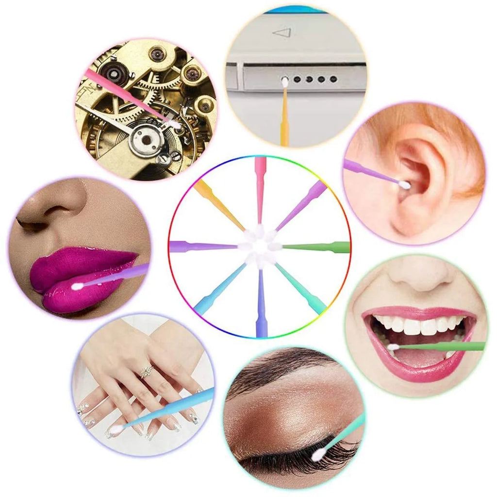 Disposable micro applicator brushes with bendable handles and flocked tips in assorted colours.