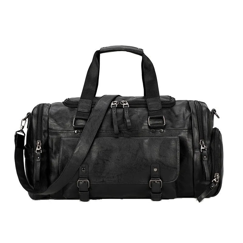 Large black PU travel bag with separate shoe compartment, dimensions 52cm by 19cm by 27cm