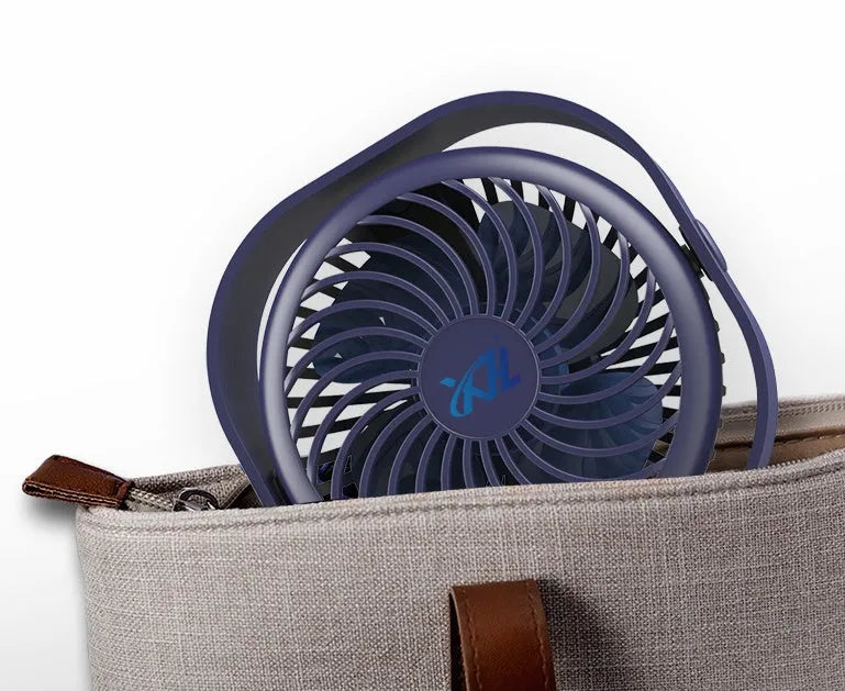 USB charging desk fan with alarm clock in blue colour on a desk