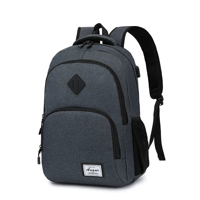 Grey and black USB charging backpack with trolley sleeve, shown with dimensions 32cm by 15cm by 46cm.