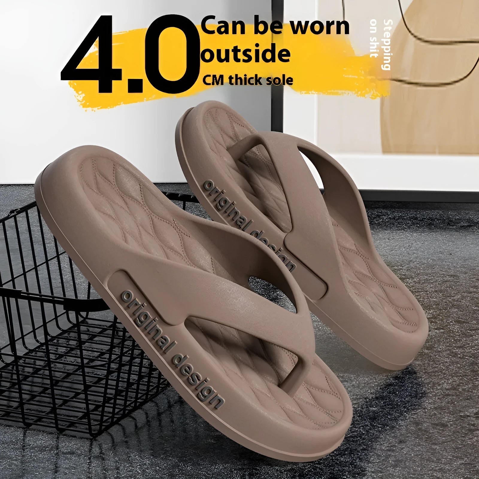 Men's EVA flip flops in various colours on a sandy beach background