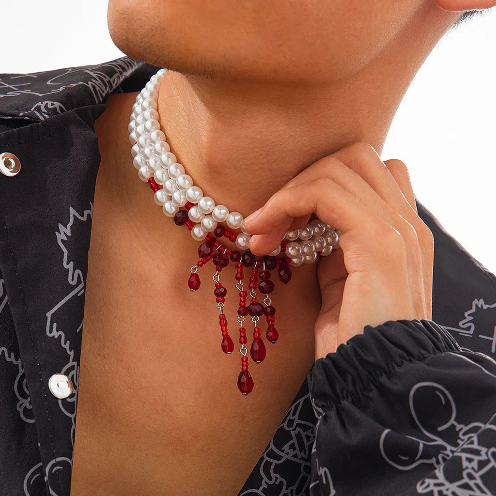 Men's Halloween necklace with blood drop crystal pendant and pearl tassel chain in red and black colours