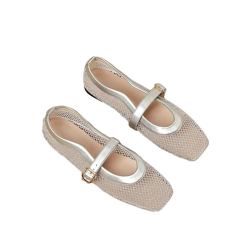 Women's low-heel summer pump in mesh with buckle fastening and square toe, shown in a neutral colour.
