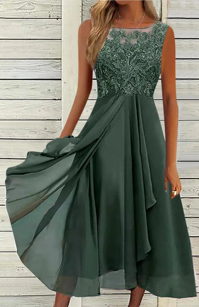 Women's sleeveless chiffon dress with lace stitching in blue, green, or purple.
