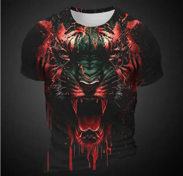 Men's grey T-shirt with a detailed 3D tiger head pattern printed on the front.