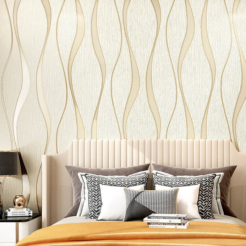 Close-up of dark brown curve stripe 3D textured wallpaper with deerskin velvet finish