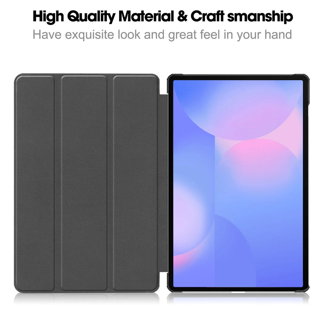 Samsung Galaxy Tab S10 FE Plus 13.1-inch leather case in tri-fold stand position, showing PC shell and fabric interior.