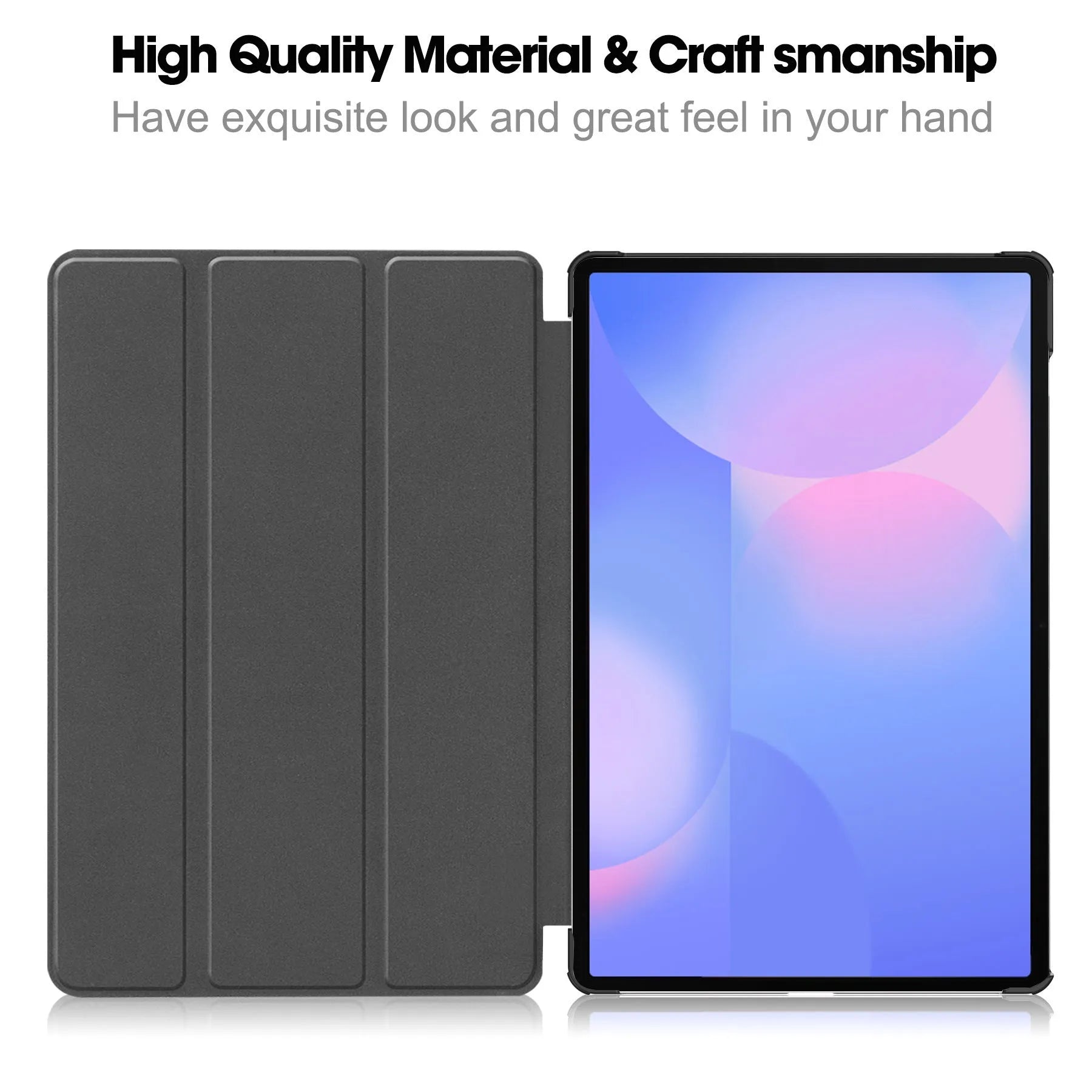 Samsung Galaxy Tab S10 FE Plus 13.1-inch leather case in tri-fold stand position, showing PC shell and fabric interior.