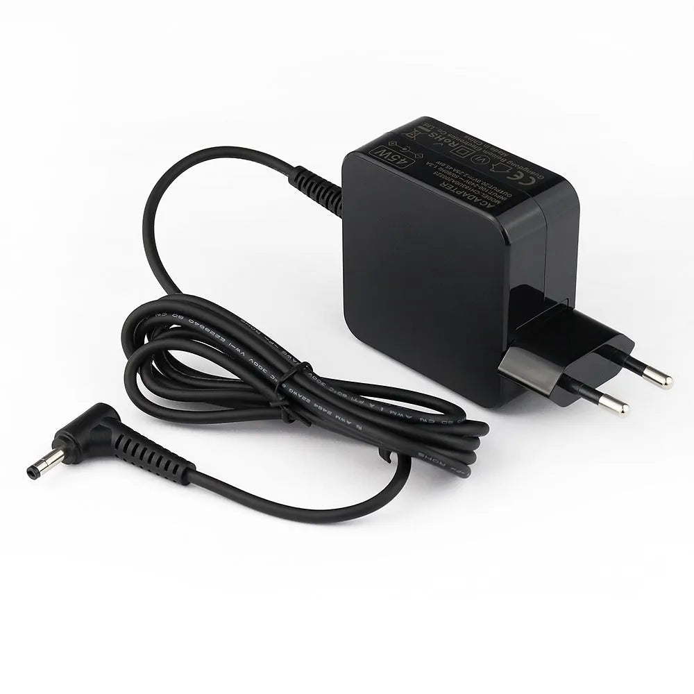 Black 45W laptop adapter with EU and US plug options showing DC connector