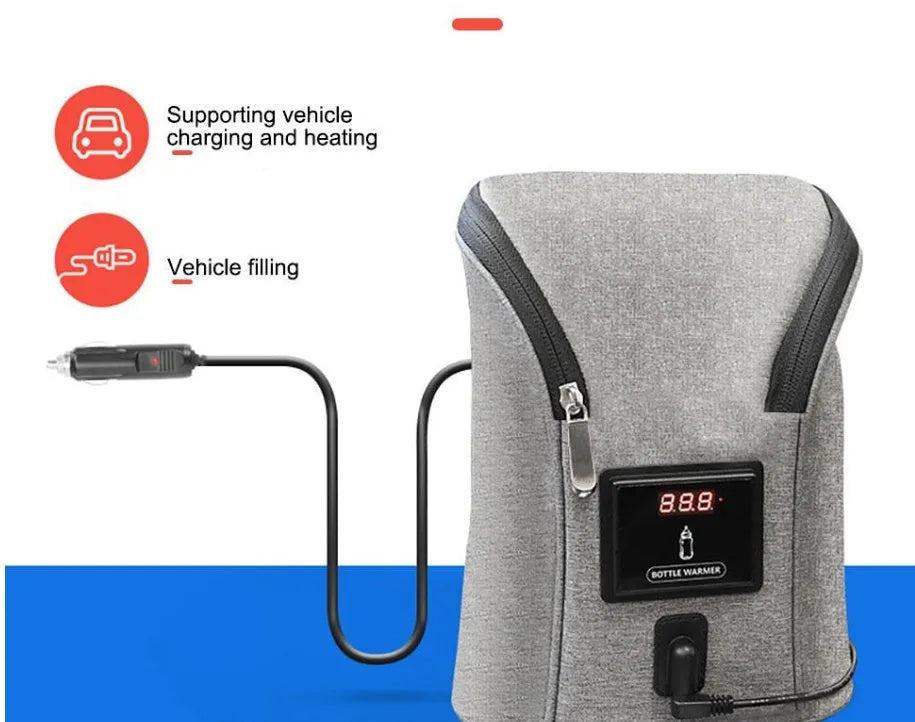 Grey Oxford cloth portable baby bottle warmer with car USB charging and temperature display