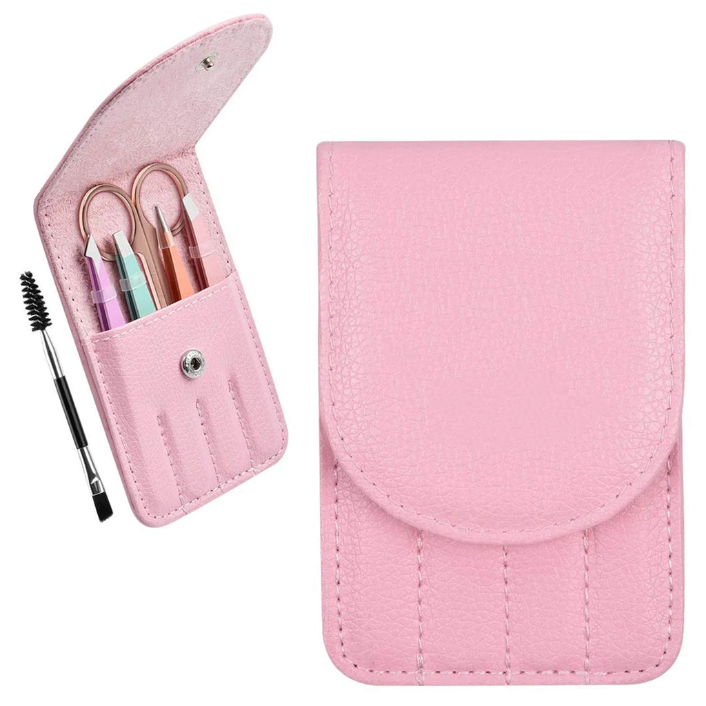 Professional 6-piece stainless steel eyebrow tweezers set with curved scissors, brush, and leather case