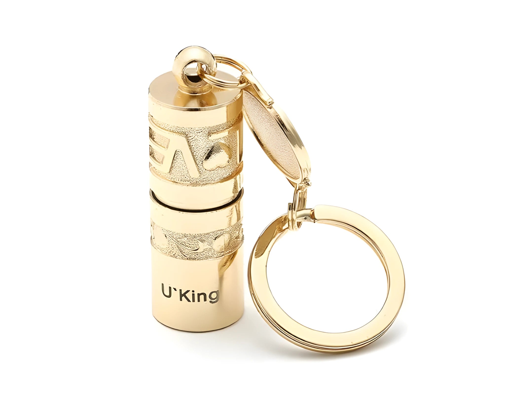Gold zinc alloy LED flashlight attached to a keyring for outdoor and emergency use.