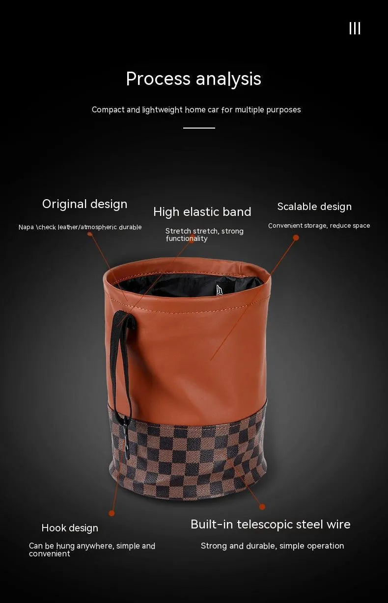 Retractable leather car interior rubbish bin shown in collapsed and expanded states