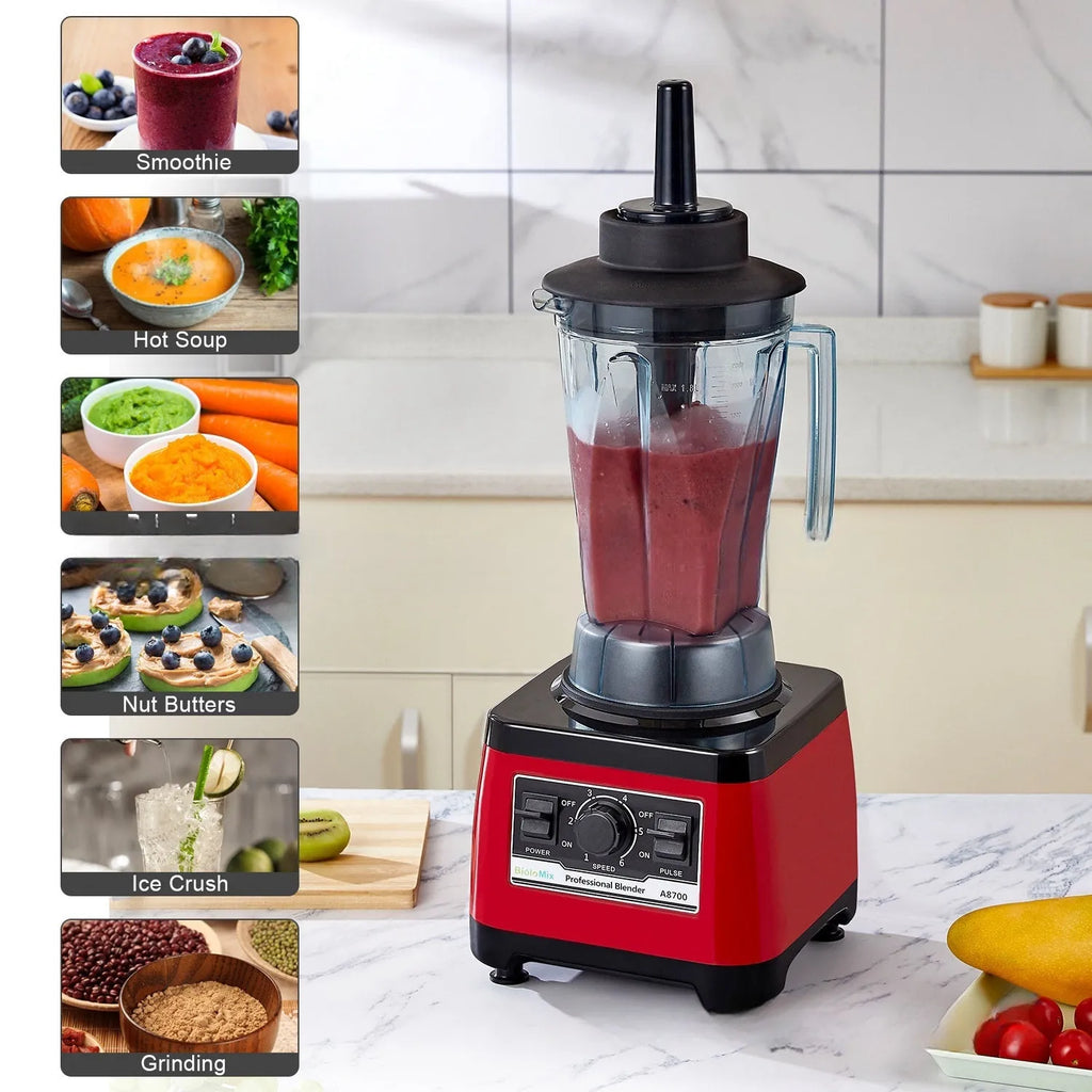 Red industrial commercial blender with 2200W motor and 2-litre container.