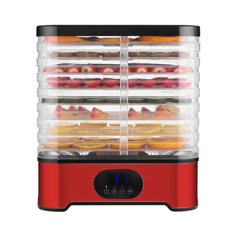 Silver or red household food dehydrator with 8 drying layers and control panel
