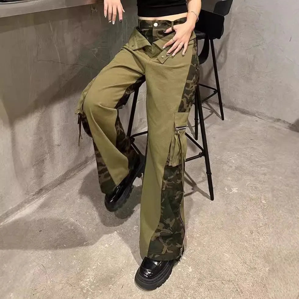 Women's dark khaki leopard print high waist straight leg jeans with contrast stitching tooling style detail