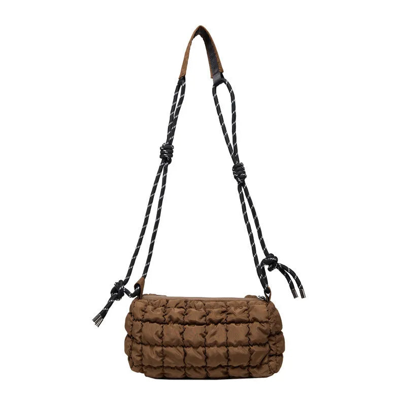Women's lightweight nylon messenger bag in pillow shape with rhombus pattern and adjustable crossbody strap