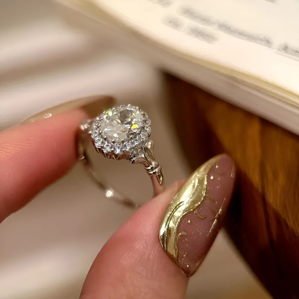 Silver colour adjustable ring with big diamond bridal bouquet geometry design and ellipse elements
