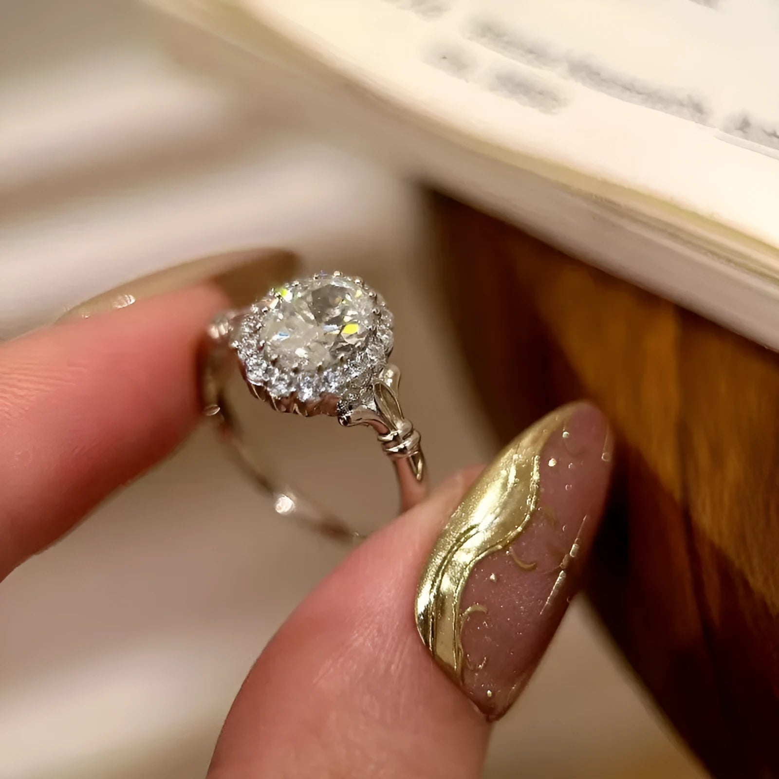 Silver colour adjustable ring with big diamond bridal bouquet geometry design and ellipse elements