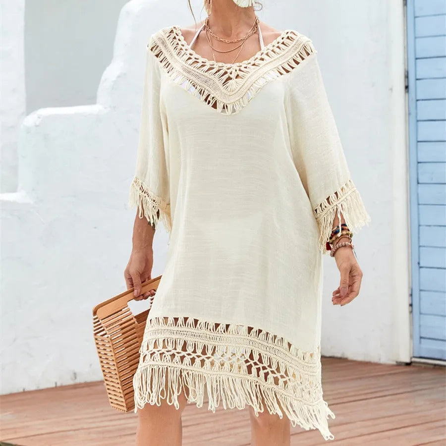 Apricot crocheted patchwork beach dress with half sleeves and mid-length skirt