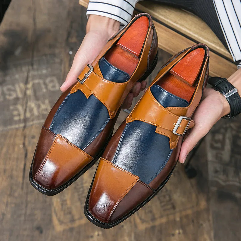 Men's brown blue retro buckle casual shoes with tall crown and microfiber upper.