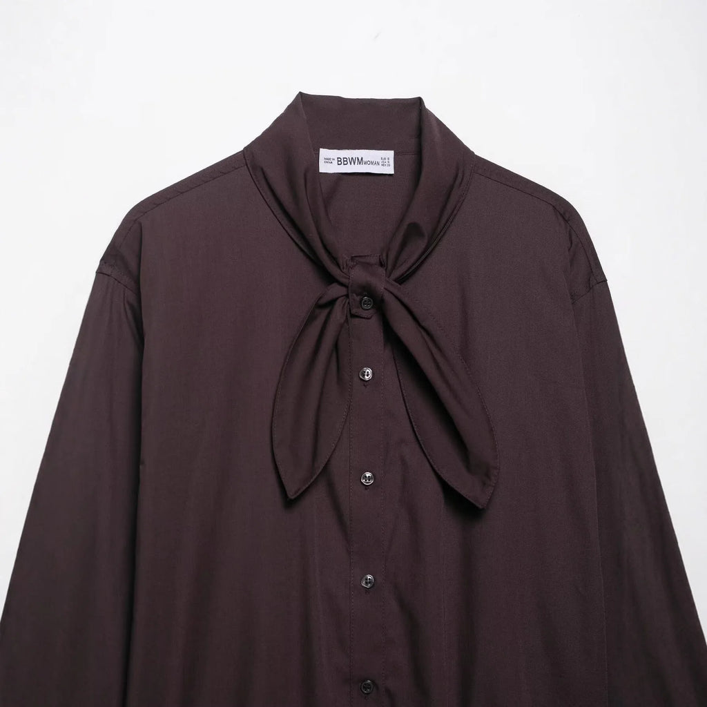 Brown women's poplin shirt with long sleeves, a loose fit, and a bow tie front closure.