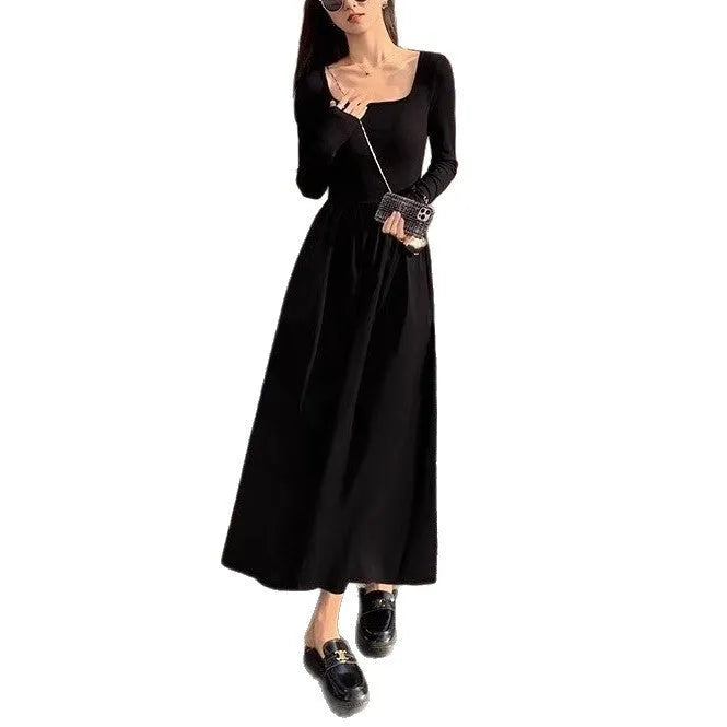 Women's square collar knitted dress with elastic waist and A-line long skirt in black