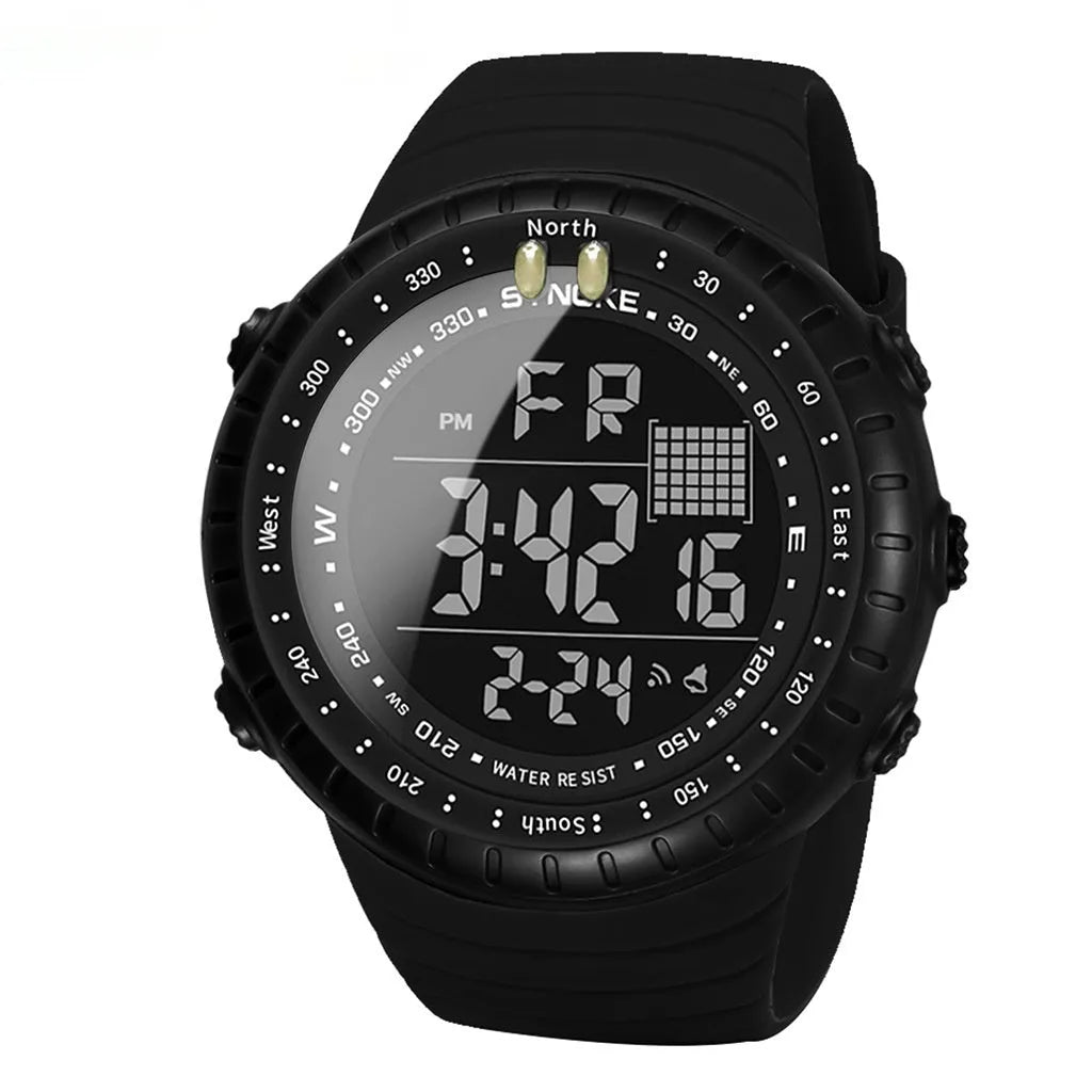 Black waterproof outdoor electronic watch with digital display and adjustable PU strap