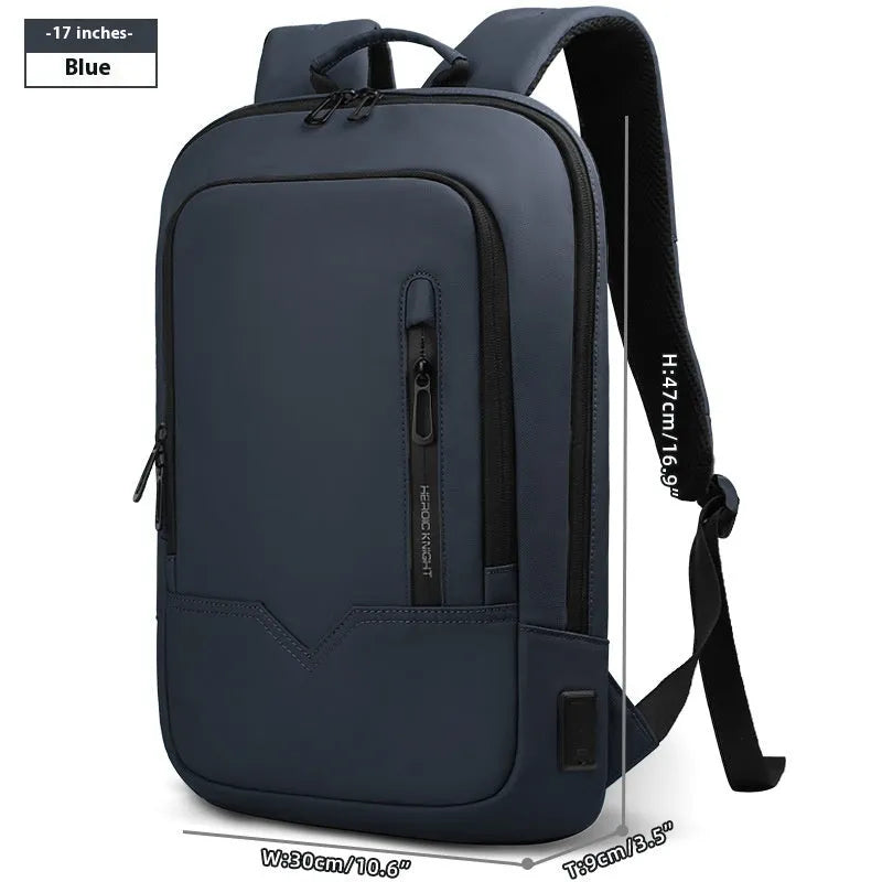 Lightweight grey polyester computer backpack with USB charging port on the shoulder strap