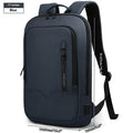 Lightweight grey polyester computer backpack with USB charging port on the shoulder strap