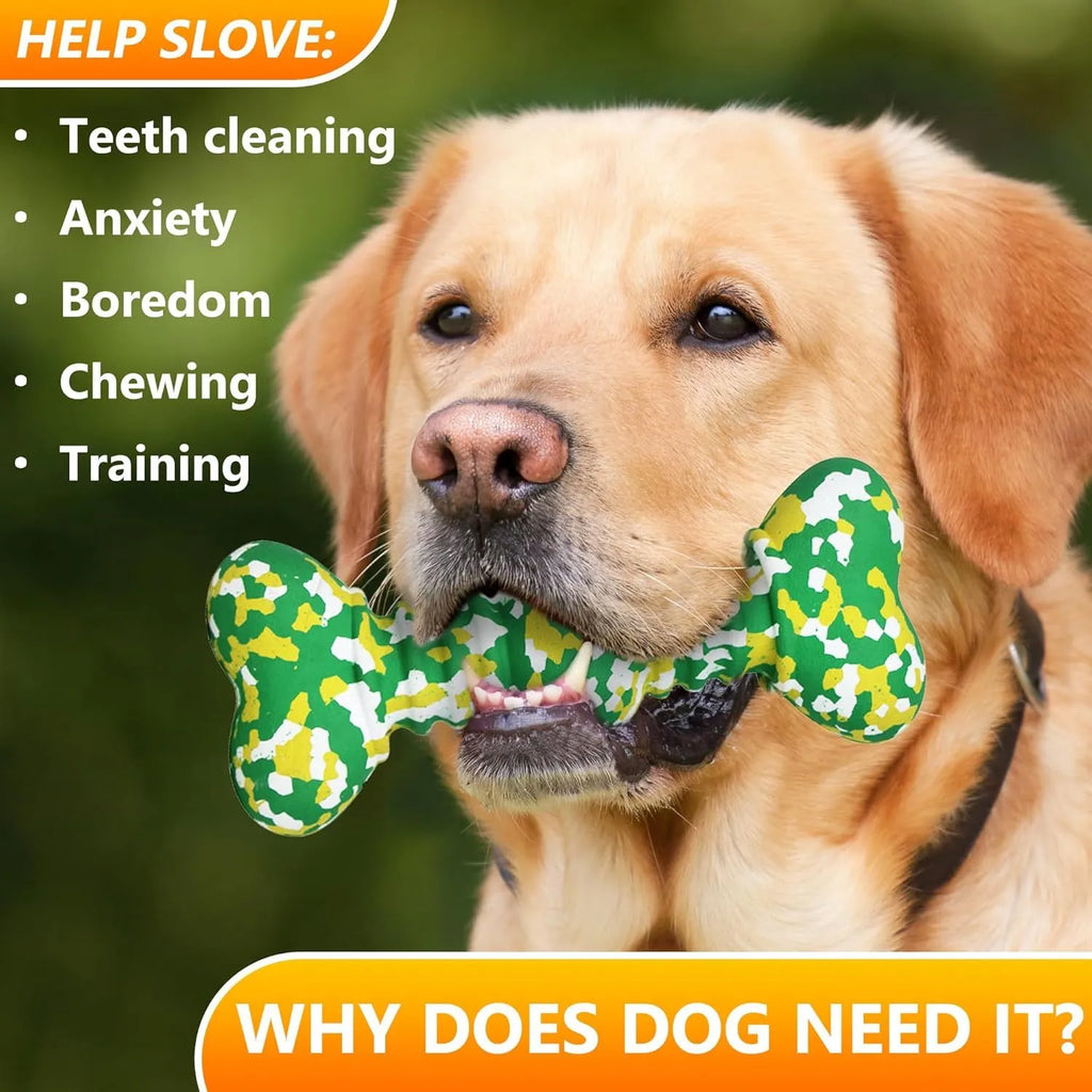 Natural rubber dog chew toy in camouflage colours for medium and large aggressive chewers