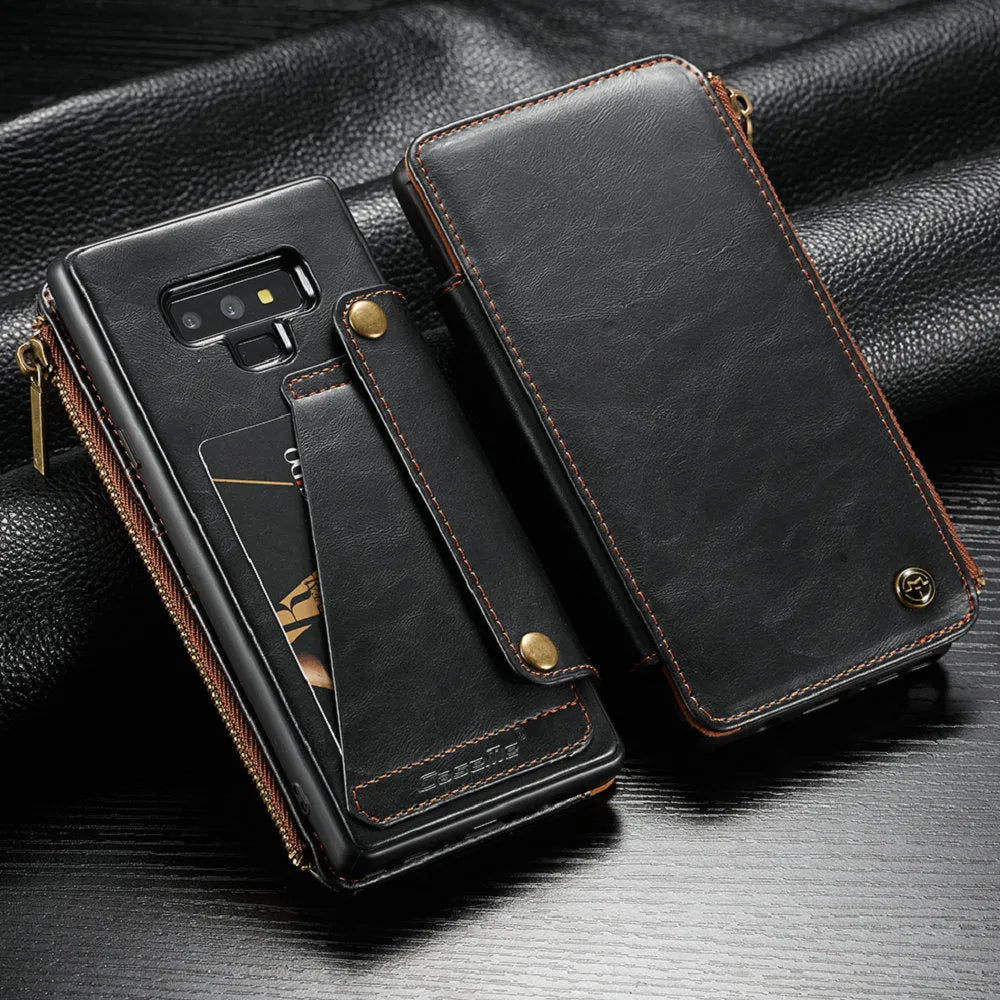 Black leather flip phone case for SAMSUNG Note9 showing front and back coverage