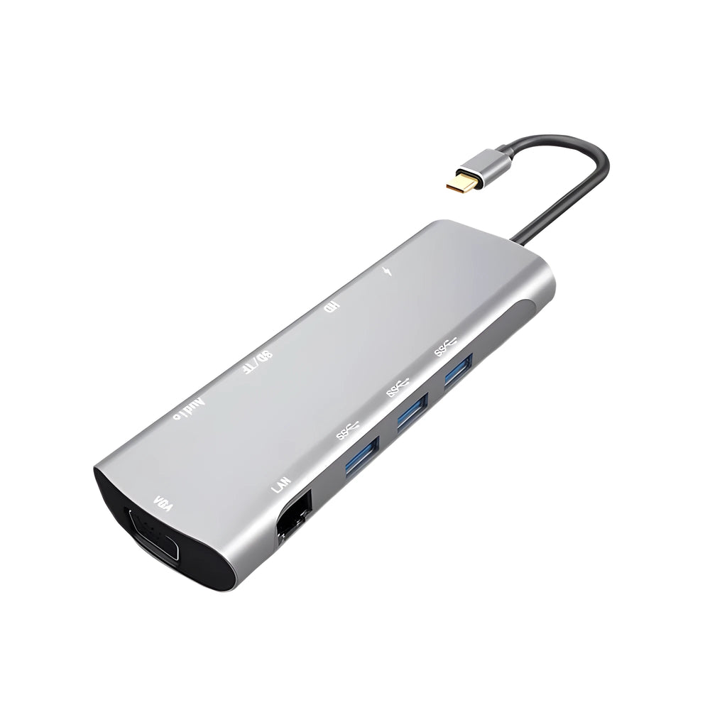Grey aluminium USB-C docking station with HDMI, VGA, and USB ports on 140mm cable