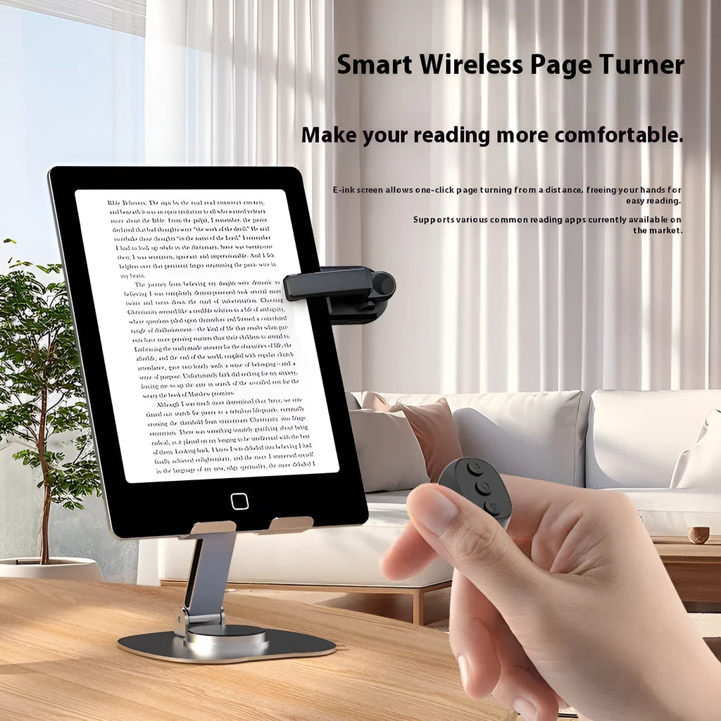 Wireless page turner remote control with clicker for e-readers and tablets in black, white, or pink colours.