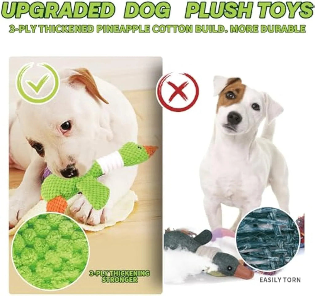 Blue durable duck plush dog toy with squeakers for chewing and interactive play