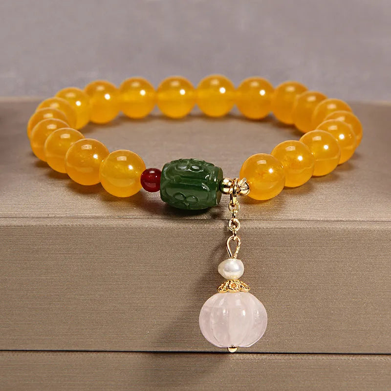 Khaki yellow agate crystal bracelet with gold silk thread for women