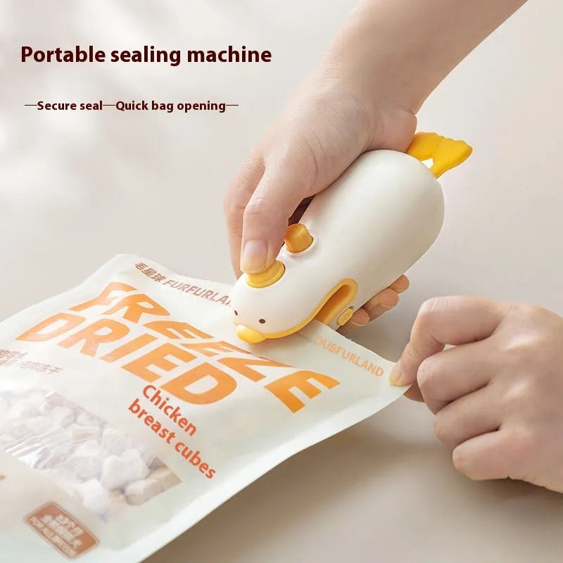 Small yellow duck animal jacquard style rechargeable sealing machine with charging cable.