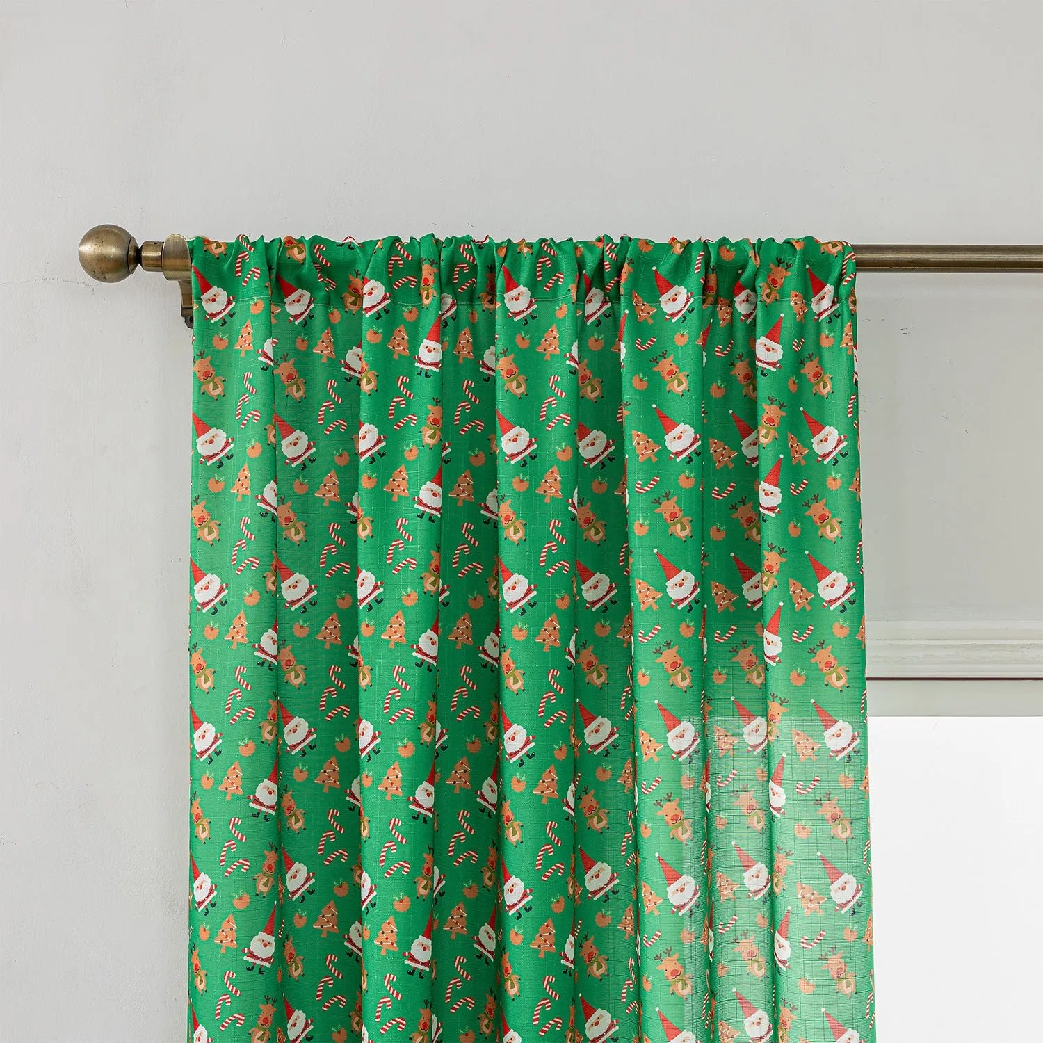 Green Christmas curtain with printed snowman and angel cartoon pattern