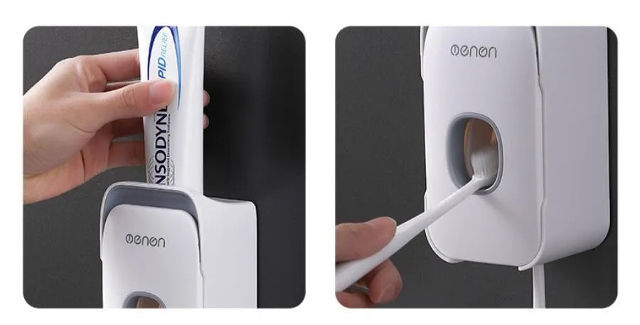 Automatic toothpaste dispenser in blue colour mounted on bathroom wall