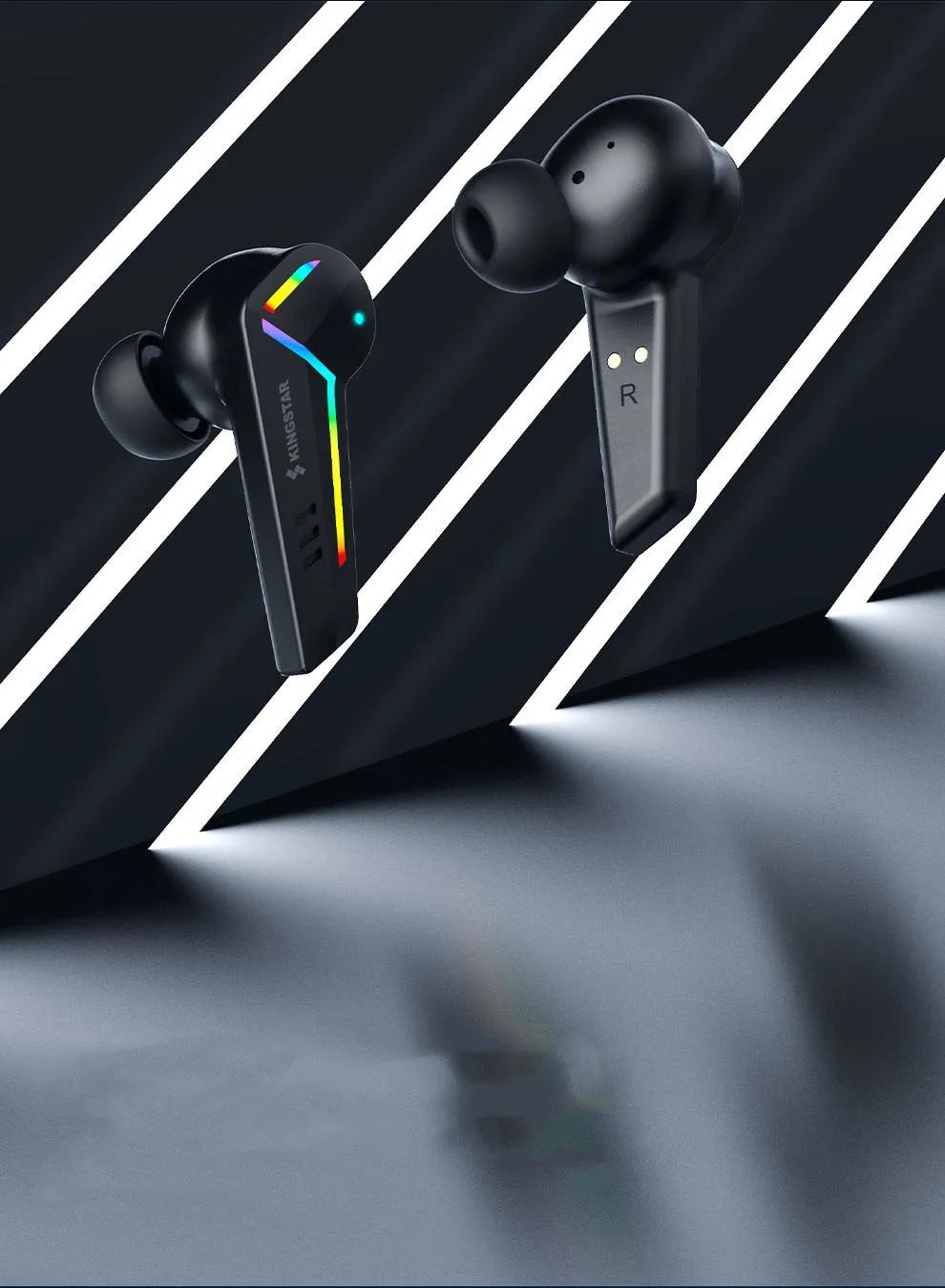 Small black Bluetooth sports headset with earplug design for wireless audio during activities