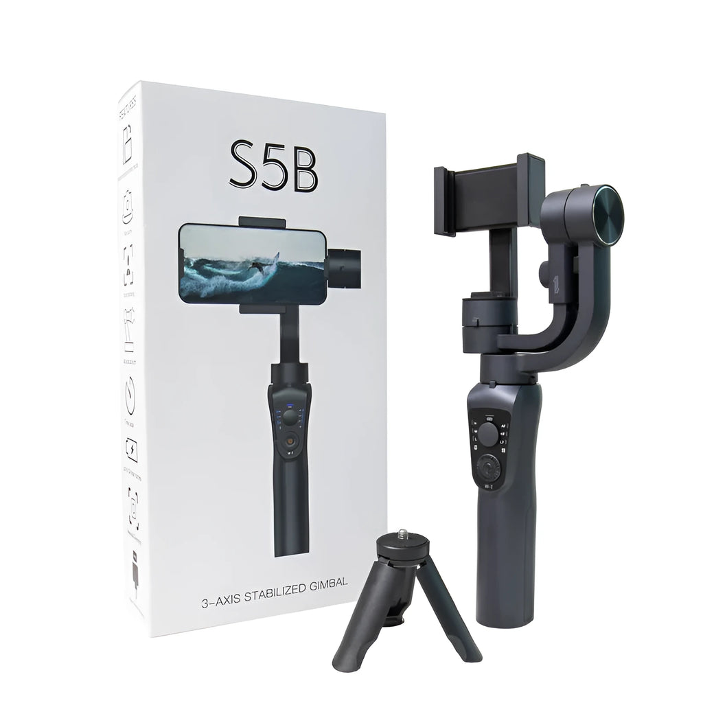 Black three-axis handheld gimbal stabilizer for mobile phones with extended battery and protective cases.