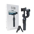 Black three-axis handheld gimbal stabilizer for mobile phones with extended battery and protective cases.